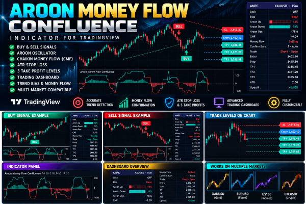 Aroon Money Flow Confluence Pro Indicator TradingView – Buy Sell Signals, ATR SL & 3 TP Levels 1