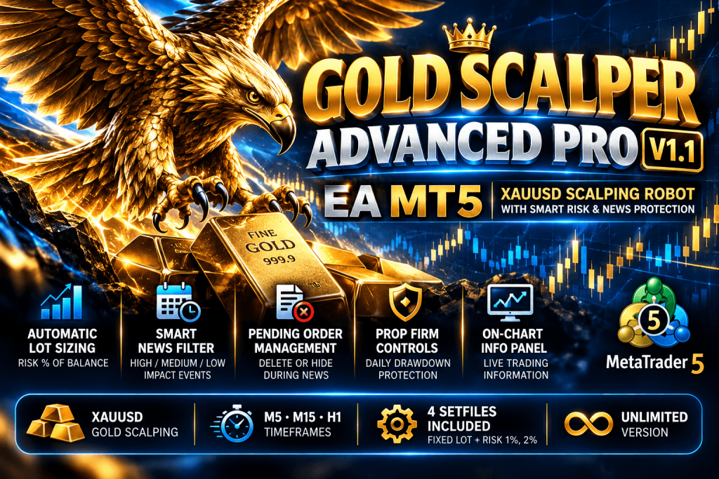 Gold Scalper Advanced Pro EA MT5 V1.1 + 4 SetFiles – XAUUSD Scalping Robot (Unlimited) 1