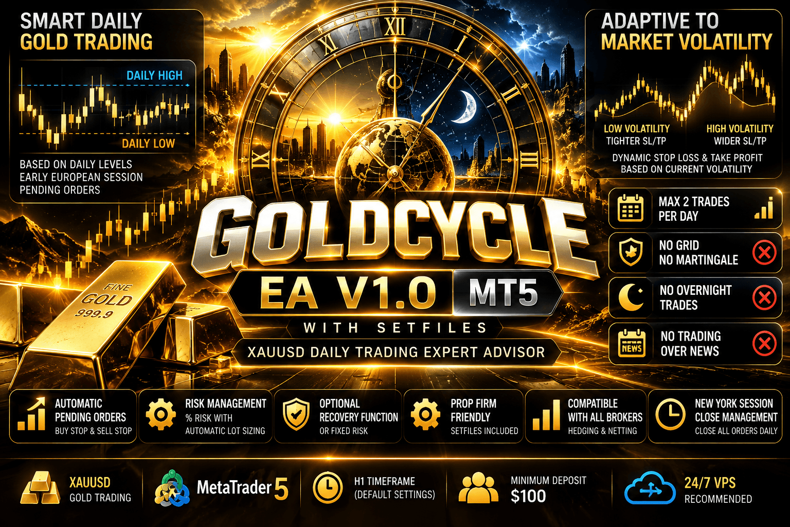 GoldCycle EA V1.0 MT5 with SetFiles – Smart XAUUSD Daily Trading Robot 1