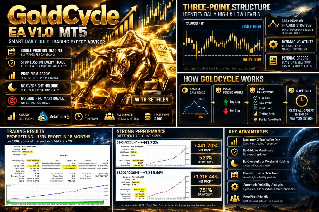 GoldCycle EA V1.0 MT5 with SetFiles – Smart XAUUSD Daily Trading Robot 2