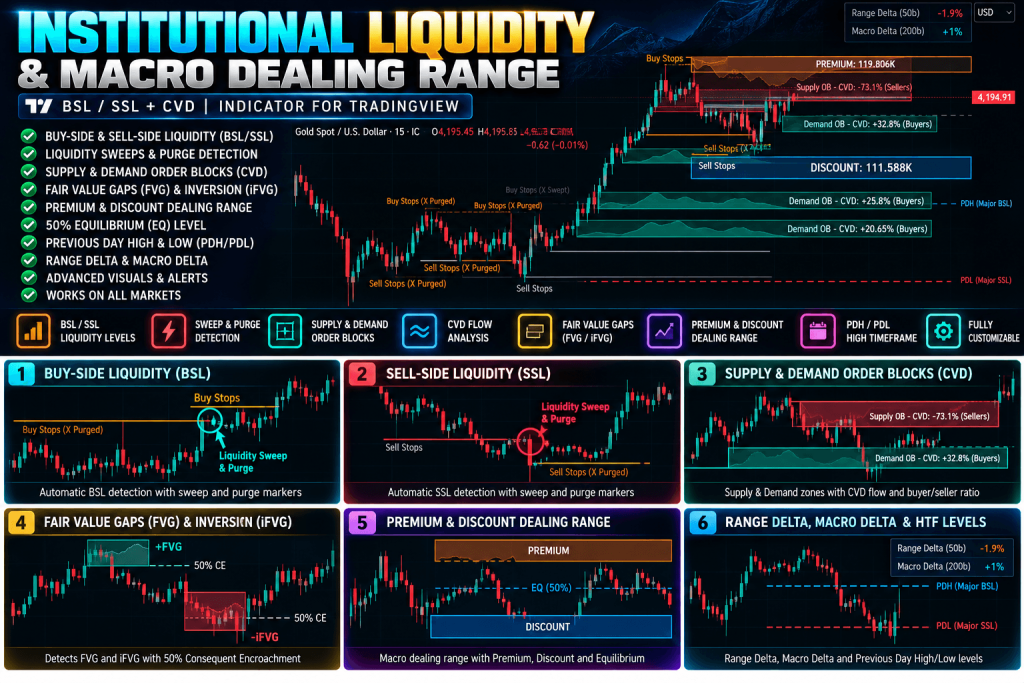 Institutional Liquidity & Macro Dealing Range Pro TradingView Indicator – BSL SSL, CVD & Order Blocks 1